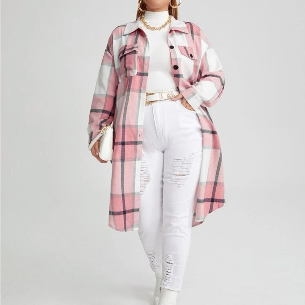 Plus Size Plaid Pocket Light Jacket Shacket Long Shirt Green BELT NOT INCLUDED - Picture 5 of 16